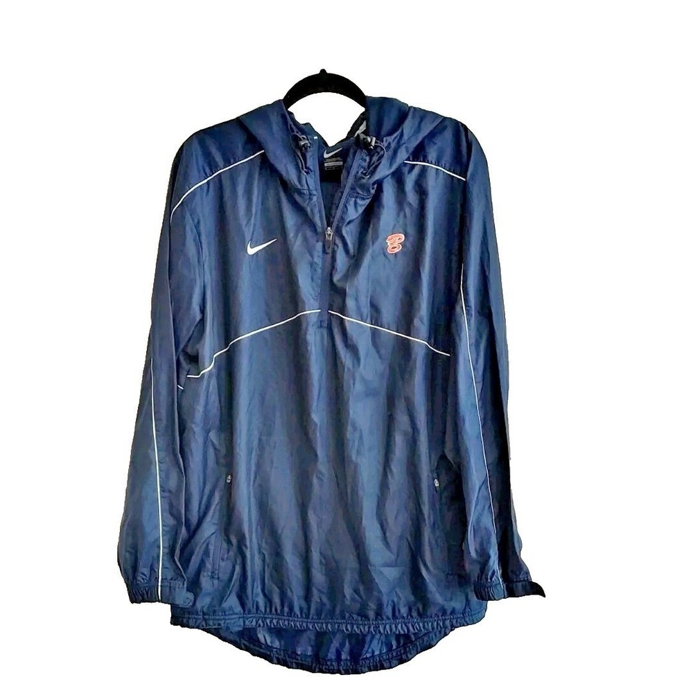 Nike Windbreaker Jacket Mens Medium Navy Blue Hooded 1/4 Zip Pullover B Logo